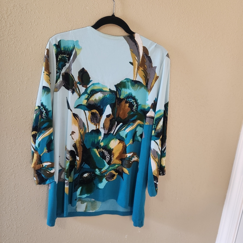 JM Collection Blue, Green & Gold Floral V-Neck Top with Jeweled Embellishments - Picture 2 of 8
